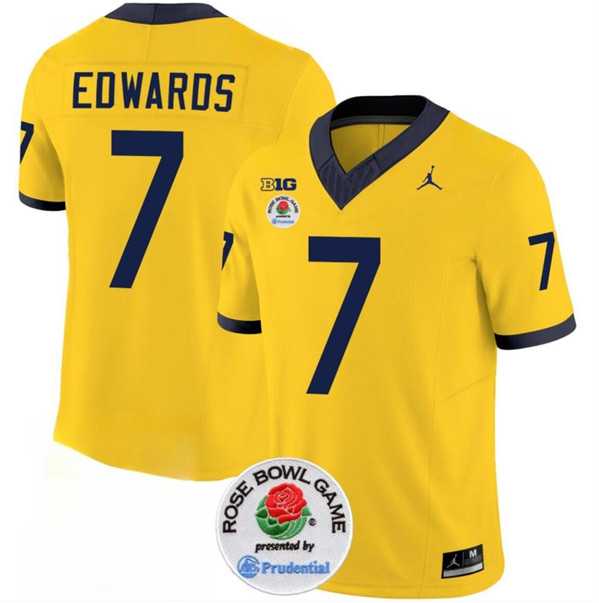 Mens Michigan Wolverines #7 Donovan Edwards 2023 F.U.S.E. Yellow Rose Bowl Patch Stitched Jersey Dzhi